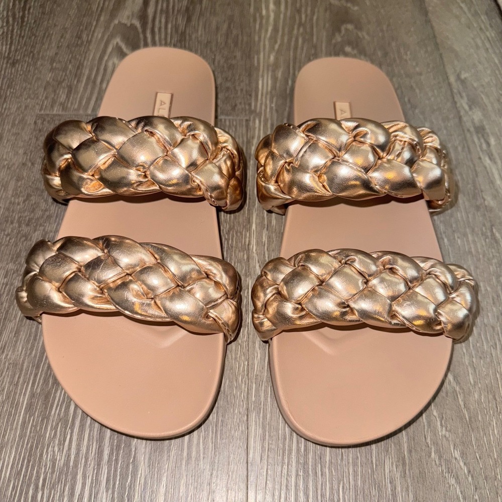 Aldo Metallic Braided‎ Double Strap Slides – Rose Gold, Size 8.5 NWOT - Picture 2 of 8